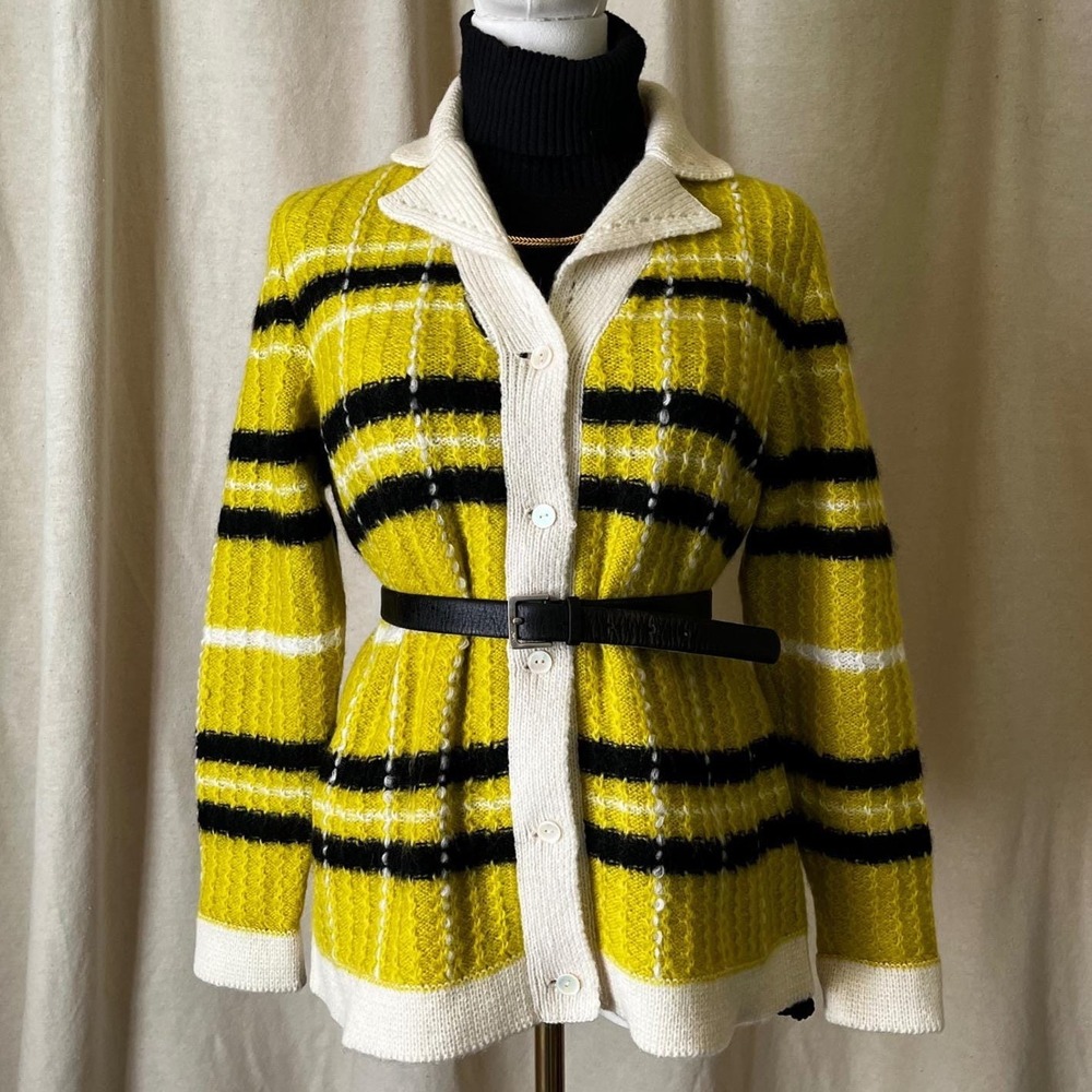 Vintage 1960s Selma Milano Mohair Plaid Cardigan Sweater Yellow Black Large